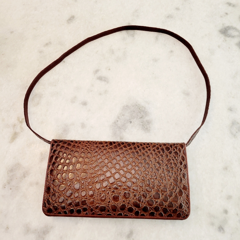 Vintage Crocodile Pattern Leather Brown Shoulder Bag Pocketbook